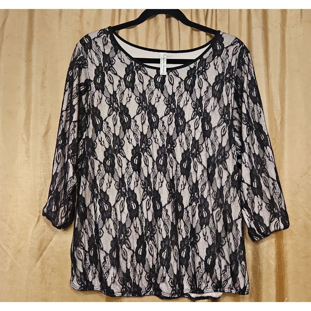 PerSeption Concept Black Lace Eyelet Overlay Blouse